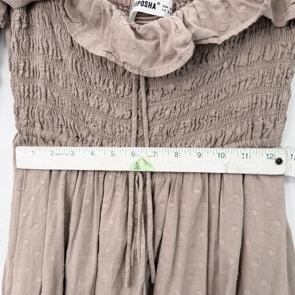 Smocked Swiss Dot Taupe Midi Dress Women M Boho Indie Festival Cottagecore - Picture 8 of 9